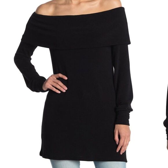 Go Couture Tunic Foldover Off-the-Shoulder Sweater Black Casual Neutral - Picture 1 of 10